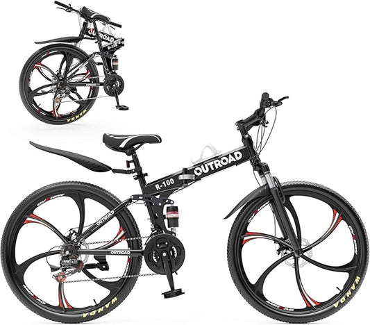 26 ich Folding Mountain Bike, 21 Speed High Carbon Steel Mountain Bike for Adults with 26 Inches Durable Tires, Front Suspension Folding Bicycle for Women and Man