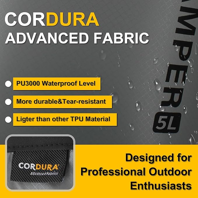 CORDURA Waterproof Dry Bag-Upgraded Tear-Resistant Roll Top Sack with Survival Whistle -Ultra-Light&Portable-Designed for High-Intensity Adventures-Keeps Gear Dry&Secure (5L/Grey)