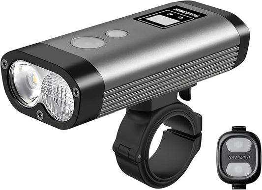 RAVEMEN PR2000 Bike Light for Night Riding Mountain Biking, 2000 Lumens Rechargeable Bike Headlight with LED Display, Wireless Remote, Anti-Glare Beam, IPX8 Waterproof