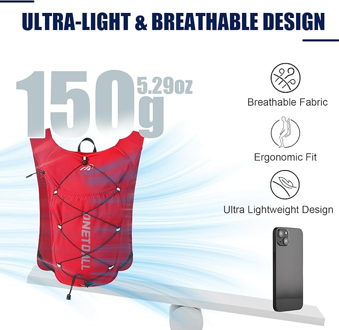 Running Vest for Women & Men, Lightweight 150g Hydration Backpack, 6L Pack for Trail Running, Marathon, Hiking, Cycling, Jogging, Adjustable Fit