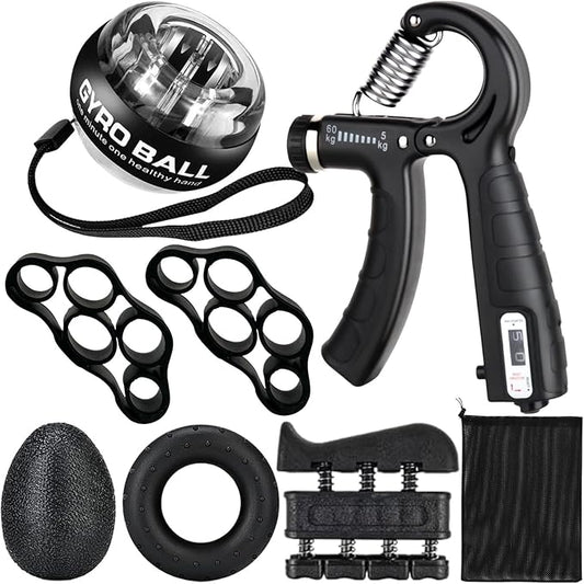 Hand Grip Strengthener Workout Kit (8 Pack) Forearm Grip Adjustable Resistance Hand Gripper, Finger Stretcher, Finger Exerciser, Grip Ring，Gyro Ball (black)