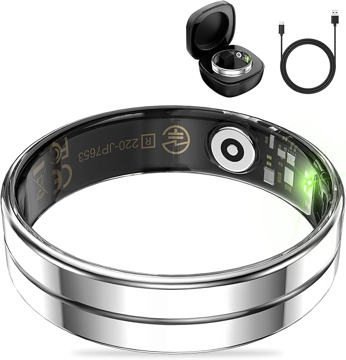 HitTopss Smart Ring, Ultra Thin Fitness Tracking Smart Ring with Calories/Heart Rate/Blood Oxygen/Sleep Monitoring, 5ATM Waterproof, No APP Subscription (Silver,Ultra Thin-9#)
