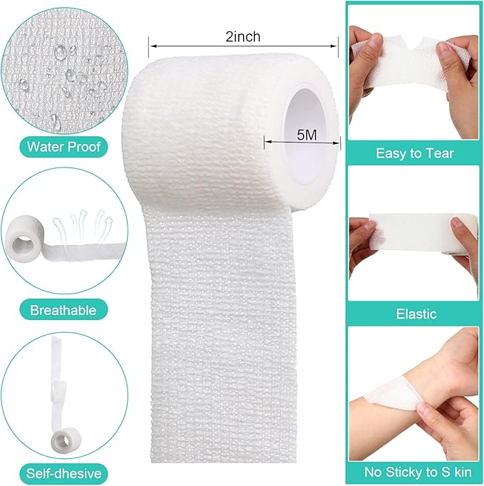 Treela 64 Pack 2" x 5 Yards Self Adhesive Cohesive Bandage Wraps, Elastic Breathable Athletic Tape, Flexible Self Adherent Bandage Rolls for Wrist, Ankle, Fingers, Sports & Pets (White)