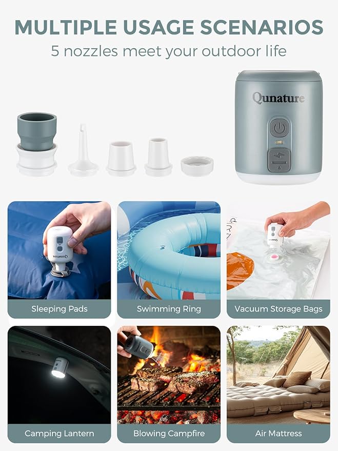 Portable Air Pump for Inflatable, Rechargeable Tiny Pump Air Mattress Pump with Camping Lantern Mini Pump for Sleeping Pads, Pool Floats, Swimming Rings