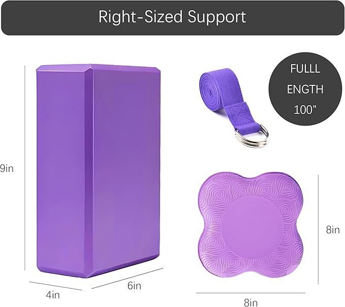 2 Yoga Blocks Supportive Accessories including 2 Knee Pads, 2 With Strap To Put Less Weight On Wrists, 1 Muscle Massage Roller, 2 Pair of Non-Slip Pilates Socks, 1 GYM Bag, Durable Versatile Yoga Brick Exercise Set of 10