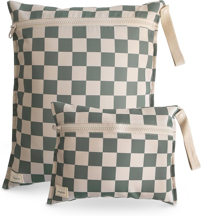 mushie Water Resistant Wet Bags | Large & Small Reusable Storage Bag for Baby Items and Travel | Zippered Pockets with Handle | Machine Washable, Set of 2 (Olive Check)