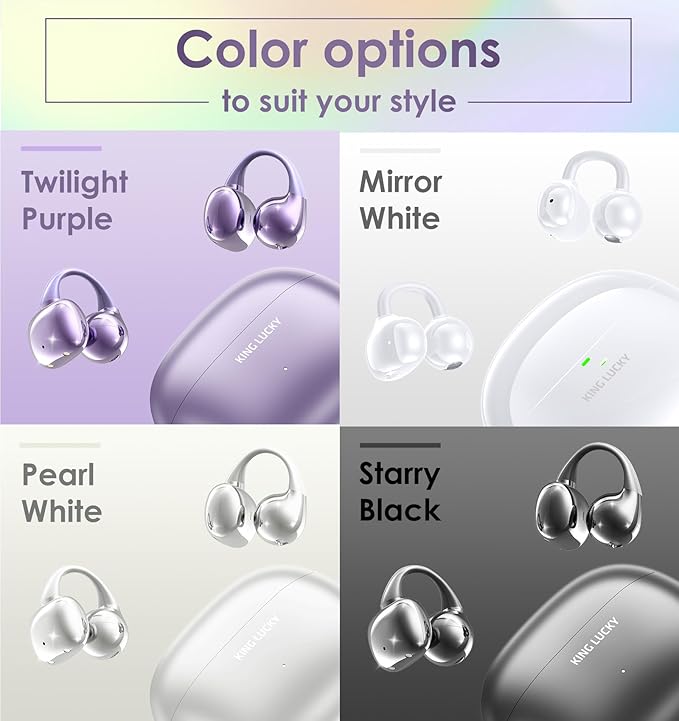 King Lucky Clip on Earbuds Open Ear Wireless Bluetooth 5.4 Headphones with Mic, 50H Play, Noise Cancelling, Waterproof, Comfortable for Small Ears & Glasses Wearers, Sports, Workouts, Purple