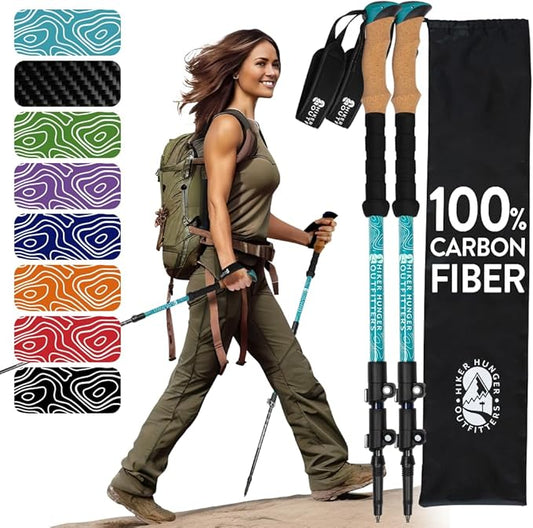 100% Carbon Fiber Trekking Poles by USA Brand - Ultra Strong Lightweight Collapsible Hiking Poles with Cork and EVA Foam Grips & Quick Adjustable Flip Locks