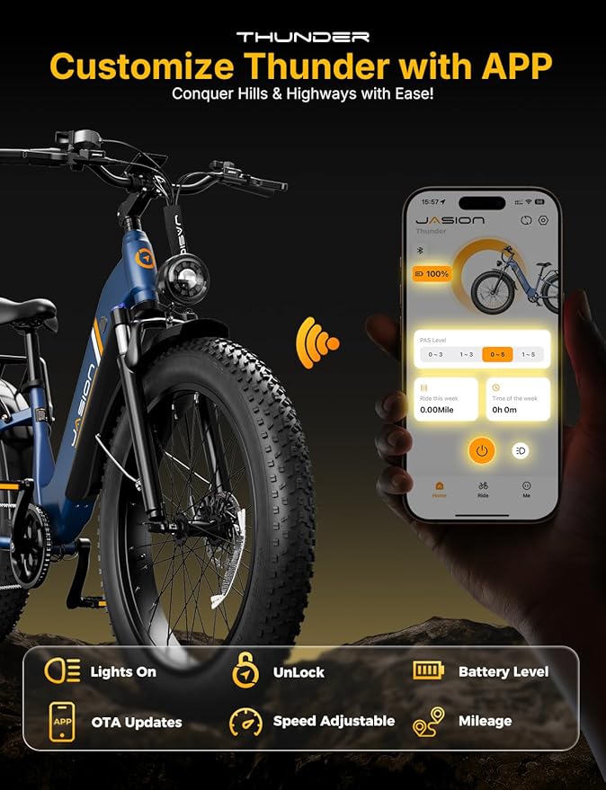 Jasion Thunder Electric Bike, 1500W Peak Motor, 30+MPH Max Speed & 80 Miles with 486Wh Removable Battery, APP Control Ebike for Adults, Hydraulic Brakes, Front Suspension, 26'' x 4'' Fat Tire Bicycles