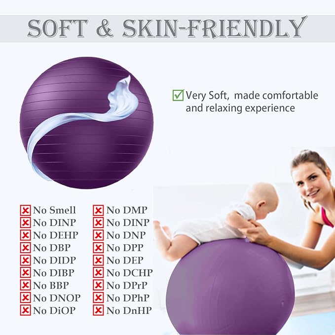 Soft Exercise Ball, Anti-Burst Yoga Ball Chair Supports 2200lbs, Stability Swiss Ball w/Pump for Pregnancy Birthing, Excersize, Workout, Fitness, Balance, Gym, Physio, Abs (Office & Home & School)