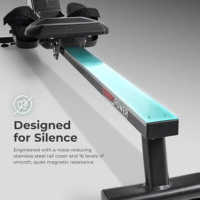 Sunny Health & Fitness Flip & Foldable Rowing Machine for Home w/Extended Slide Rail, Full-Body Workout, Low-Impact, Optional Extra Long Rail, Quiet Rail Cover, Water Motion and Free SunnyFit App