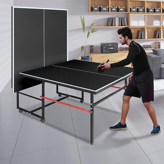 Professional Table Tennis Table, Foldable Ping Pong Game Set for Indoor, 8FT 9FT Single Player Playback Mode Ping Pong Table with Net and Post Set, 2 Paddles and 3 Balls