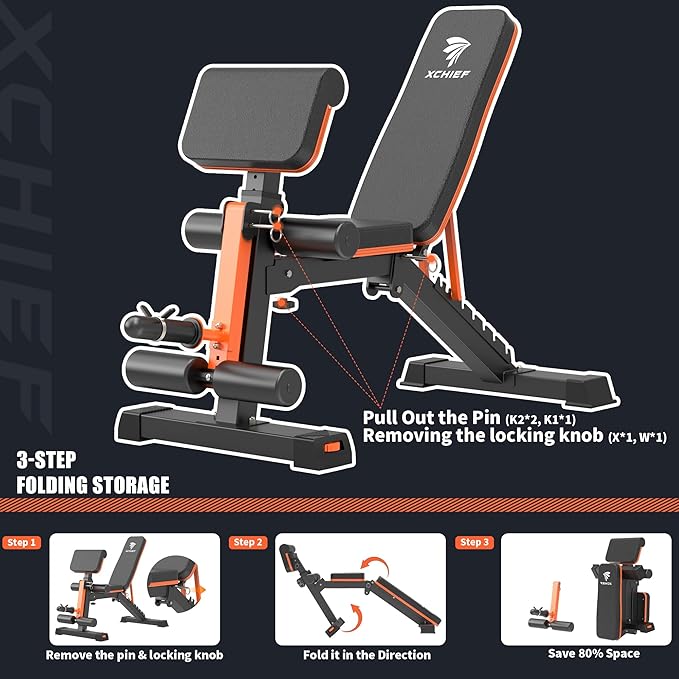 Adjustable Weight Bench - 1000LBS Capacity Heavy Duty Foldable Workout Bench for Full Body Exercise, Flat/Incline/Decline, Bench Press for Home Gym with Preacher Pad & Leg Extension