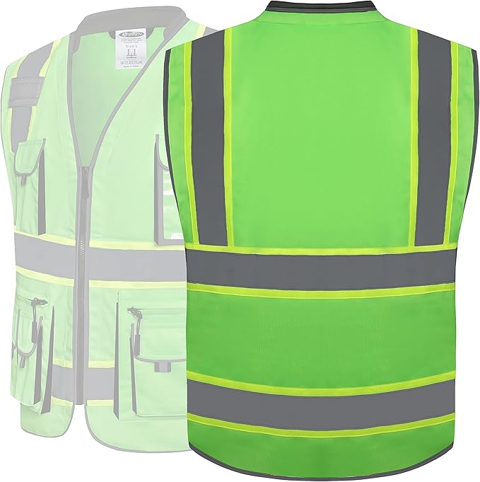 JKSafety 10 Pockets Hi-Vis Zipper Front Fluorescent Green Safety Vest | Cushioned Collar | High Reflective Tapes with Extended Neon Yellow Strips | Meets ANSI/ISEA Standards (Large, 89-Green)