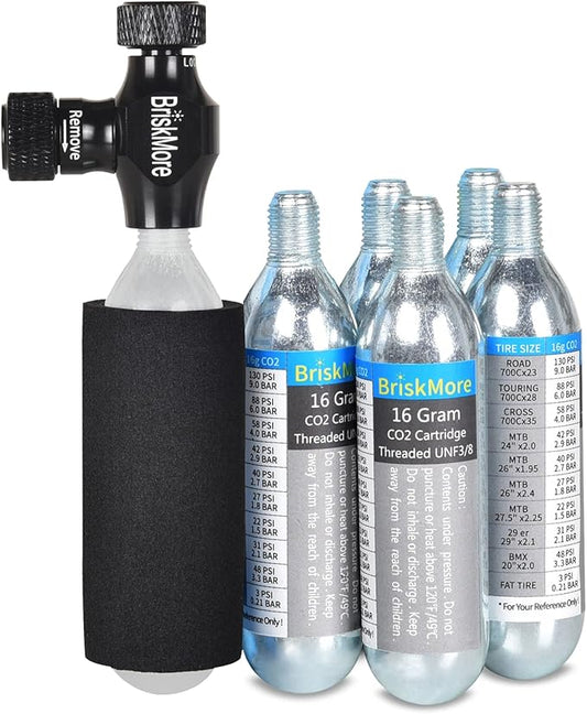 CO2 Inflator Kits with 9X16g or 5 X 16g CO2 Cartridges, Presta and Schrader Valve Compatible, Bike Tire CO2 Pump, Included Insulated Sleeve