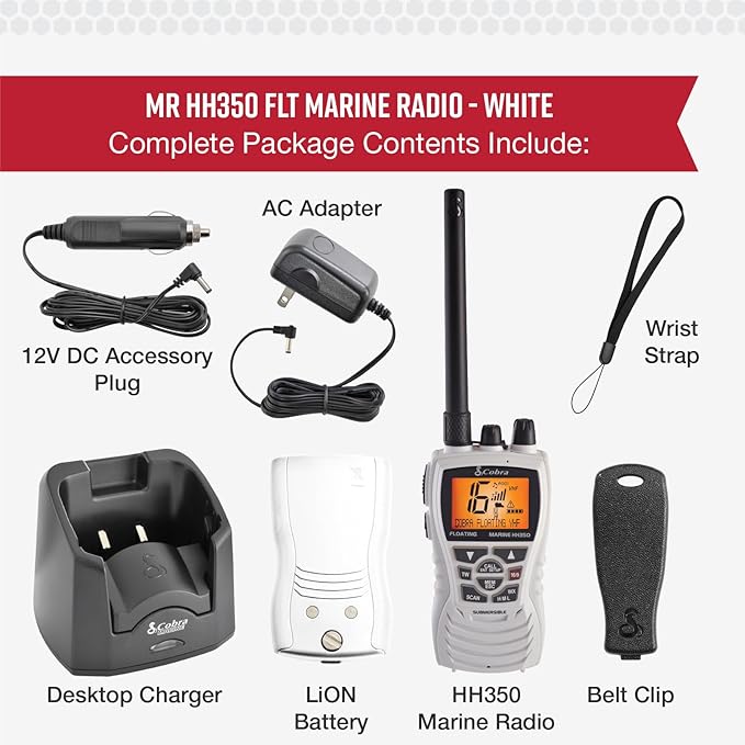Cobra MR HH350 FLT Handheld Floating VHF Marine Radio - 6 Watt, Submersible, Noise Cancelling Mic, Backlit LCD Display, NOAA Weather, and Memory Scan, White