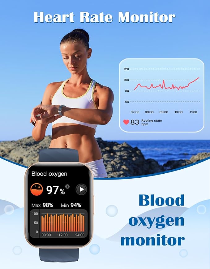 RUIMEN Smart Watches for Women Men (Answer/Make Calls) Compatible with iPhone/Android Phones, 1.85" HD Screen Fitness Tracker Heart Rate Monitor 100+ Sports Tracker Watch Waterproof (Blue)