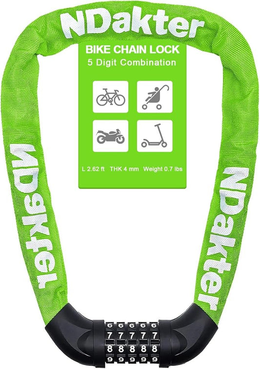 NDakter Bike Chain Lock, 5 Digit Combination Heavy Duty Anti Theft Bicycle Chain Lock,2.62/3.2/4.27/5/6Ft Long Security Resettable Bike Locks for Bike, Bicycle, Scooter, Door, Gate, Fence-4/6mm Thick