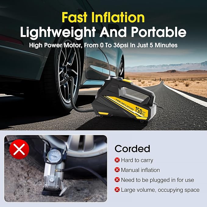 Tire Inflator Portable Air Compressor - DC 12V Air Pump for Car Tires with 150PSI LCD Digital Gauge & Emergency LED Light,Auto Tire Pump for Cars,Motorcycles,Bikes,Balls (Large)