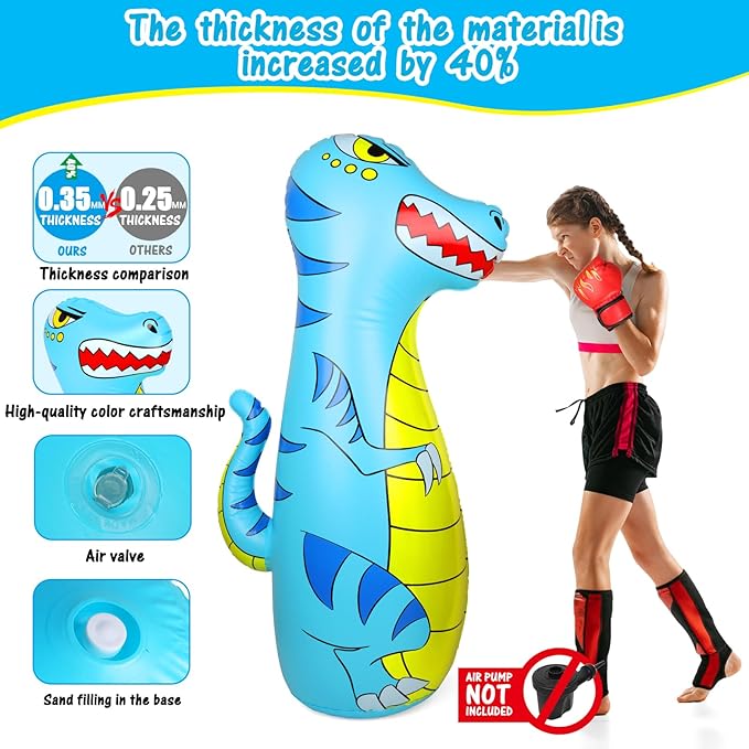 Punching Bag for Kids 47" Inflatable Dinosaur Bop Bag with Thicker Material Instant Bounce Back with Boxing Gloves Karate Kickboxing Taekwondo Kids Gift for Age 3-9 Girls & Boys