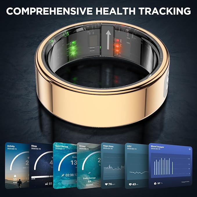 Smart Ring for Women with Display Screen, Sleep Ring for Men with Heart Rate, Fitness Tracker/Step tracker for Activity Monitoring/Steps/Calories,Wireless Charging, for iOS Android (RoseGold,9#)