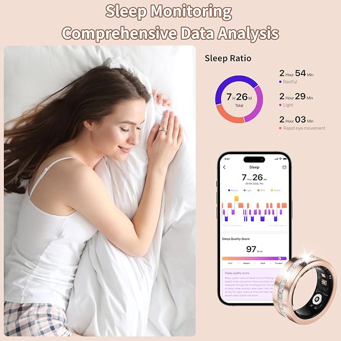 Smart Ring for Women & Men - Health & Fitness Tracker with Heart Rate, Blood Oxygen, Sleep Monitoring, 128 Sports Modes, IP68 Waterproof, Gesture Control, No Subscription Fees (8#)