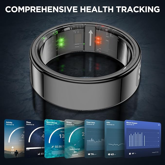 Smart Rings for Men with Display Screen, Fitness Ring with Wireless Charging, Sleep Tracker Ring with Heart Rate, Health Rings for Activity Monitoring/Steps/Calories, for iOS Android (Black,9#)