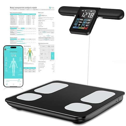 8 Electrode Smart Body Fat Scale with BMI, Body Fat, Muscle Mass, 28 Body Composition Metrics, Rechargeable High Precision Scale with Color VA Display for Home & Fitness