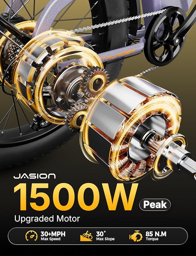 Jasion Thunder Electric Bike, 1500W Peak Motor, 30+MPH Max Speed & 80 Miles with 486Wh Removable Battery, APP Control Ebike for Adults, Hydraulic Brakes, Front Suspension, 26'' x 4'' Fat Tire Bicycles