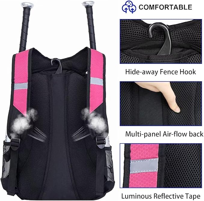 Baseball Bag Softball Backpack - Youth Adult T Ball Bat Equipment Bag with Bat Helmet Holders, Shoe Compartment