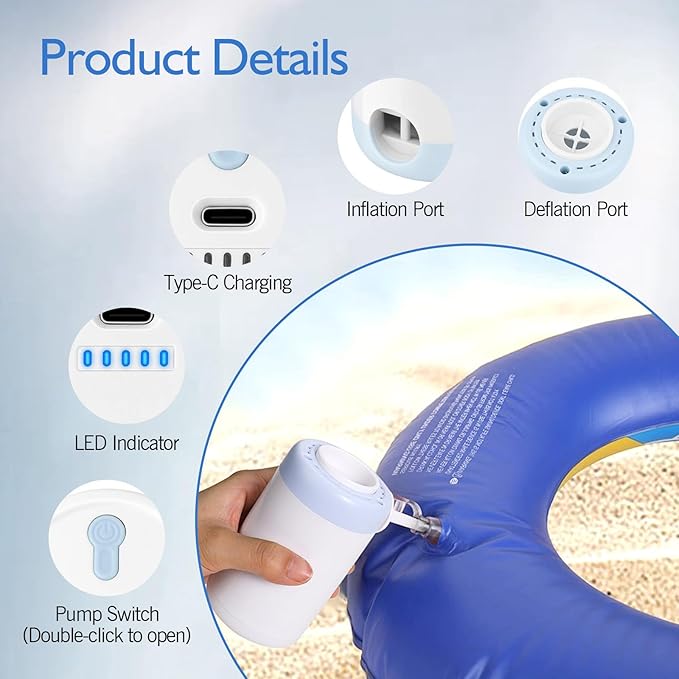 Portable Pump for Inflatables, Mini Air Pump for Inflatables,Inflation/Deflation, USB-C Electric Inflator Air Pump with 5 Nozzles, Tiny Air Pumps for Pool Floats Air Mattress Vacuum Storage Bags