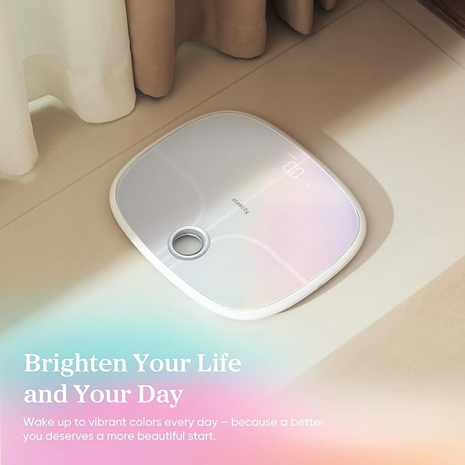 Etekcity Smart Rechargeable Scale for Body Weight, BMI, Fat, Muscle Mass, Digital Bathroom Scale with 13 Metrics, Secret Mode, Bluetooth Connect to Free Apps, Rainbow White