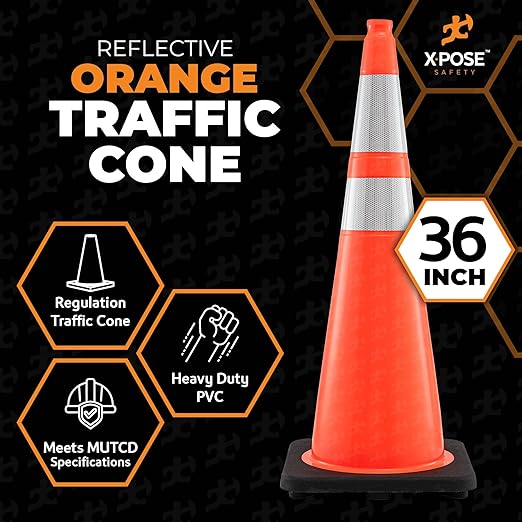 Xpose Safety 36 Inch Orange Traffic Cones with 6" & 4" Collars, 4-Pack - Multipurpose PVC Plastic Safety Cone for Parking, Soccer, Caution, Kids and Construction - DOT Approved