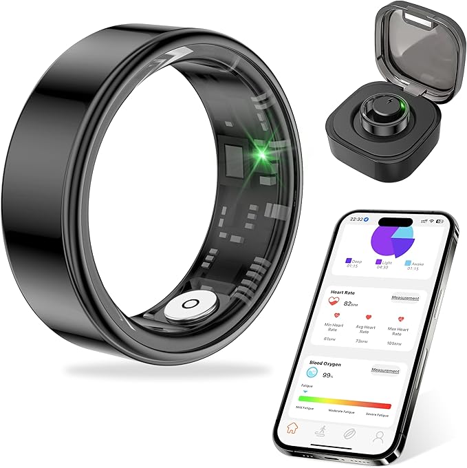Thin Smart Ring for Fitness & Health Tracking -Pedometer,Sleep/Heart Rate/Blood Oxygen Monitor, Gesture Control / 5ATM Waterproof -No APP Subscription Compatible with Android& iOS (Black, 7)
