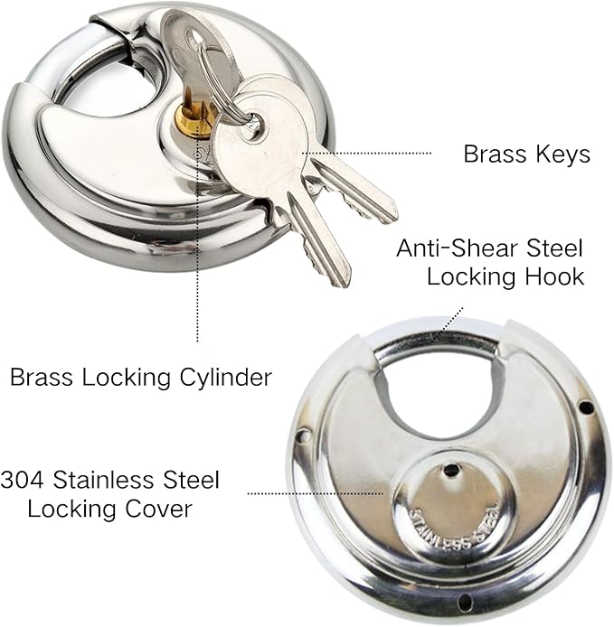 70MM Discus Padlock with Same 3 Brass Keys,304 Stainless Steel Disc Lock with Brass Gallows to Prevent Rusting,Thick Sturdy Hook to Prevent Picking.6 Pack-XZJYYF