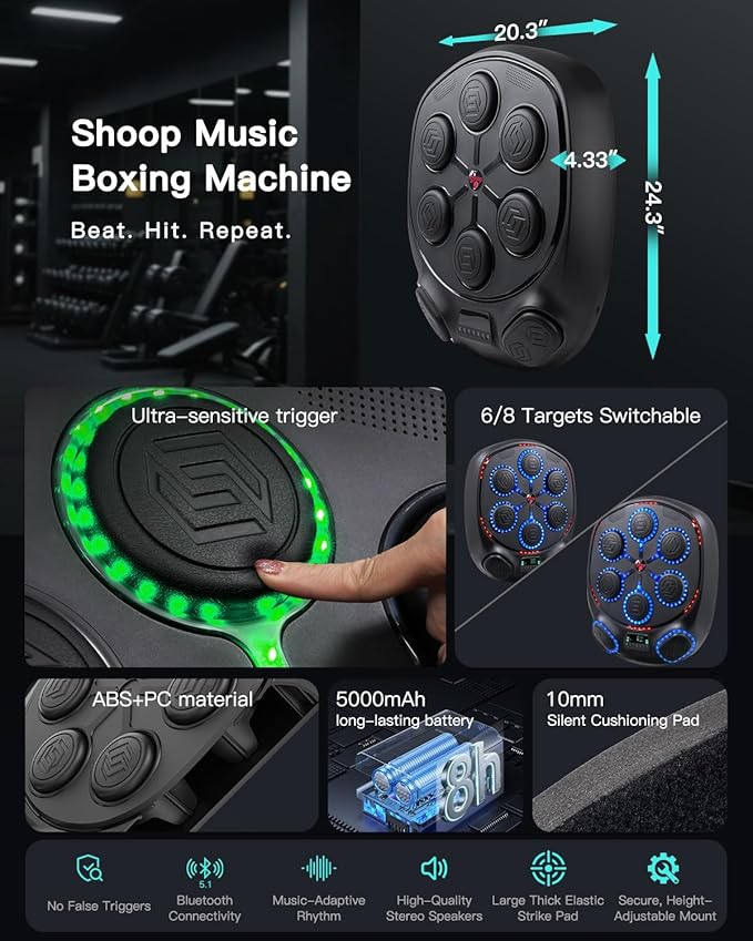 shroop Music Boxing Machine for Adults & Kids — Wall-Mounted Interactive Bluetooth Punch Trainer, High-Sensitivity, Rhythm Adaptation, 6/8 Targets, Ideal for Home, Office, and Gym Use