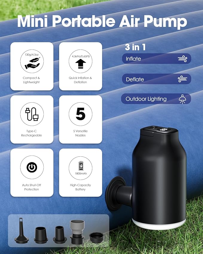 Mini Portable Air Pump for Inflatables - Compact, Rechargeable, Fast Inflation & Deflation with 5 Nozzles, LED Light, Auto Shut-Off for Air Mattresses, Air Pillows, Swimming Rings