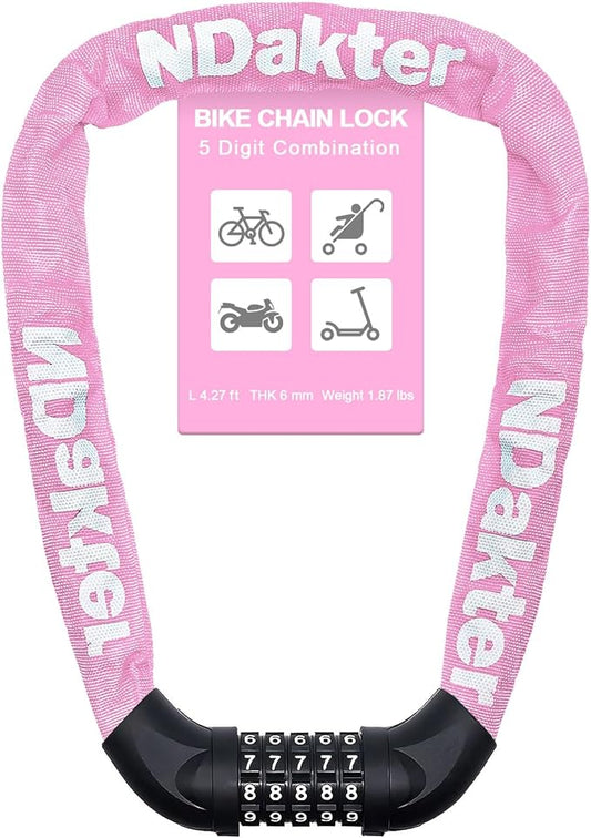 NDakter Bike Chain Lock, 5 Digit Combination Heavy Duty Anti Theft Bicycle Chain Lock,2.62/3.2/4.27/5/6Ft Long Security Resettable Bike Locks for Bike, Bicycle, Scooter, Door, Gate, Fence-4/6mm Thick