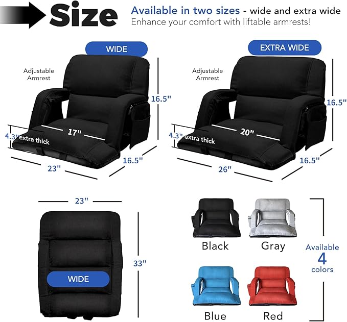 Wide Stadium Seats With Back Support 2 Pack, Exclusive "Sofa Style" Design Extra Thick Bleacher Chairs With Back and Cushion, 6 Reclining Positions - Ultimate Comfort for Sports Events (Black, 22.5")