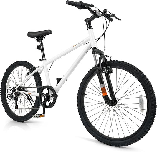 Goplus Mountain Bike, 20/24 Inch Kids Bicycle w/ 6-Speed Drivetrain, Suspension Fork, Dual Brakes, Adjustable Seat, Outdoor Cycling Children City Bike for Boys Girls
