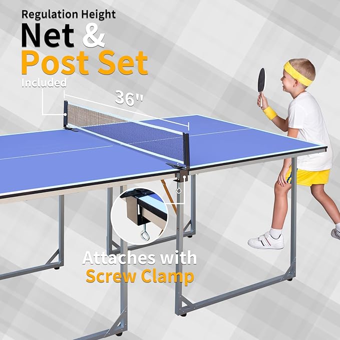 4FT/6FT/8FT/9FT Folding Rolling Table Tennis Table Regulation Ping Pong Table with 2 Paddles 3 Balls 1 Net and Post Set Fold-Up Design 4 Wheels for Easy Movement