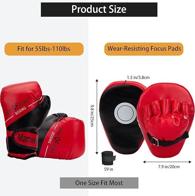 3-in-1 Boxing Gloves and Punching Mitts Set for Kids, Sports Boxing Gloves Boxing Pads with Hand Wraps, Kids Boxing Equipment Set for MMA, Karate, Muay Thai, Taekwondo