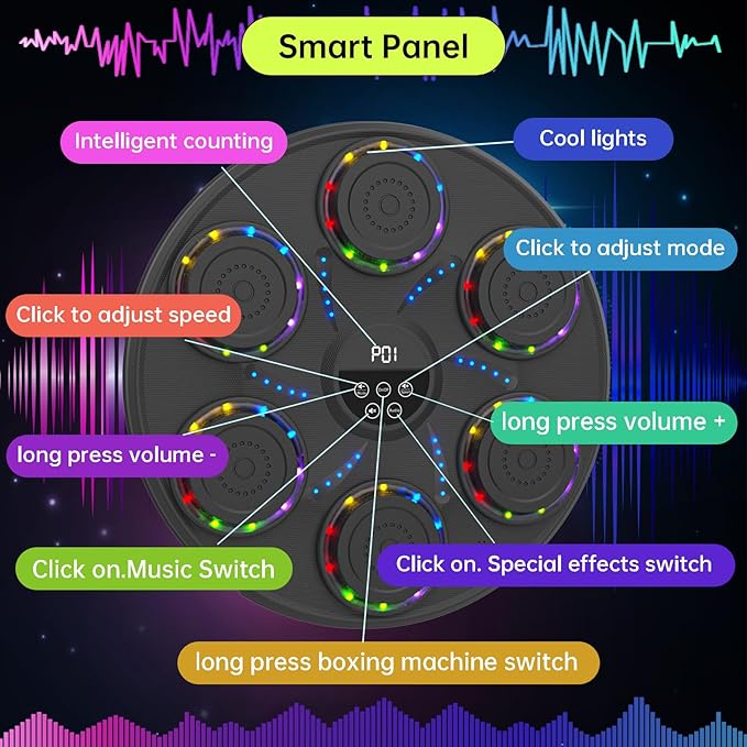 Music Boxing Machine Smart Bluetooth Boxing Equipment for Adults and Kids Home Gym Workout Exercise（2 Pairs of Gloves） (‎Colorful Light)