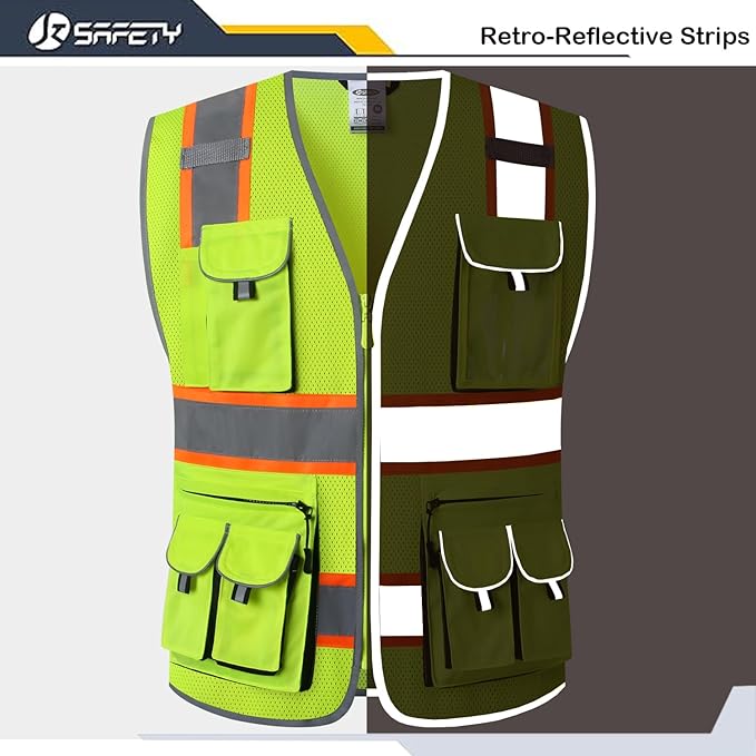 JKSafety 10 Pockets Hi-Vis Neon Color Frontal Zipper Mesh Safety Vest for Men Women Safety Utility for works Comply to ANSI/ISEA Class 2 (86-Yellow M)