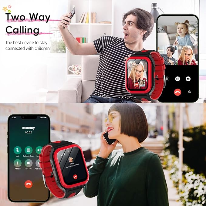 Wonlex 4G GPS Smartwatch for Kids, 1.78" AMOLED Touchscreen Phone Watch with SIM Card, Video Calls, Voice Chat, SOS, Camera, Music, Pedometer, Game, Birthday Gift for Girls Boys Ages 8-15(Red)