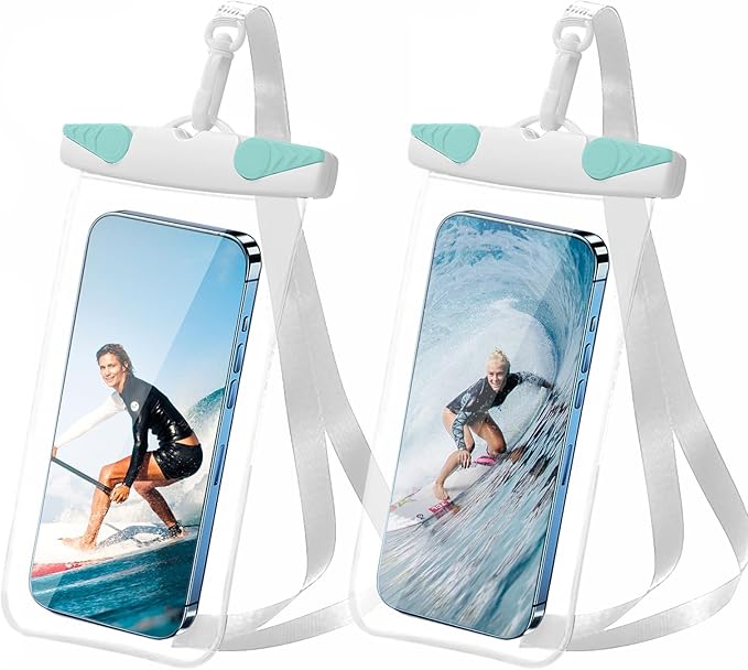 IPX8 Waterproof Phone Pouch for 16/15/14/13/12 Pro Max & Galaxy S24/S23 Samsung's Waterproof Phone case with Lanyard,Cellphone Dry Bag Beach Essentials-2 Bag 7.5 inches (White Green)