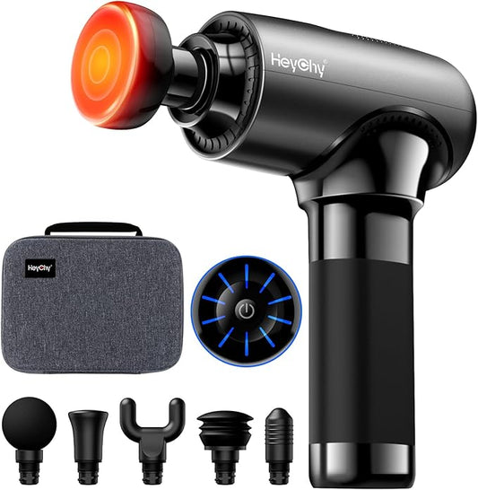 Massage Gun Deep Tissue with Heat Head, Handheld Muscle Back Massager with Carry Case, Portable Percussion Massager Gun with 6 Replacements for Athletes Pain Relief