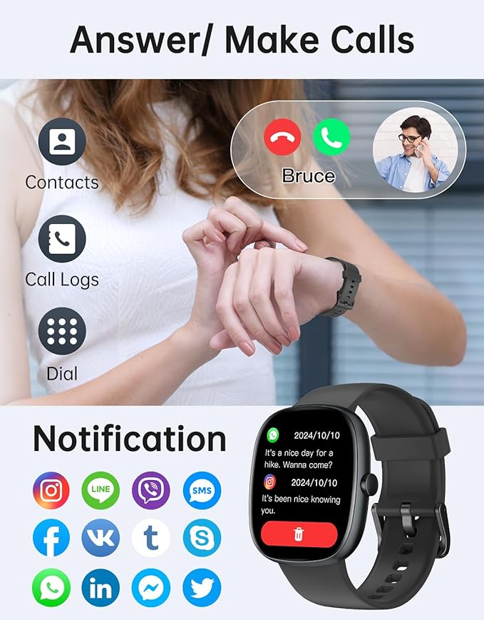 HUAKUA Smart Watches for Women Men (Answer/Make Calls), 1,85" HD Smart Watch for iPhone/Android Phones, Fitness Tracker with 100+ Sport Heart Rate/Sleep Monitor Pedometer IP68 Waterproof (Black)