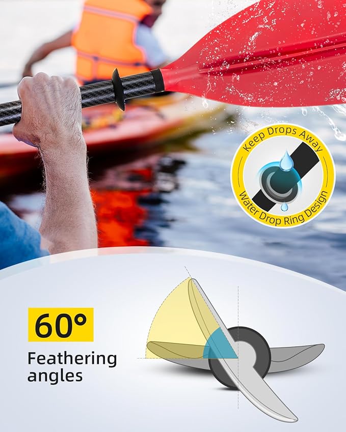 OCEANBROAD Adjustable Carbon Fiber Kayak Paddle 86in/220cm to 94in/240cm Kayaking Oar for Adults with Paddle Leash 1 Paddle