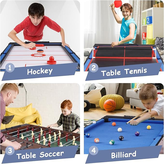 54” 4-in-1 Swivel Multi-Game Table - Combo Game Table Set for Kids, Adults - Indoor and Outdoor Arcade Sports Table - Air Hockey, Billiards, Foosball, Ping Pong for Home, Game Room